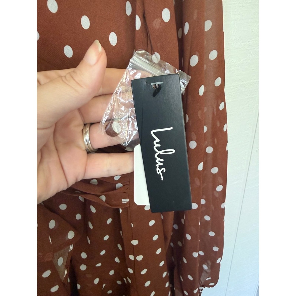 Lulus Rust Brown Polka Dot Long Sleeve Ruffle Mini Dress NWT - Picture 4 of 5